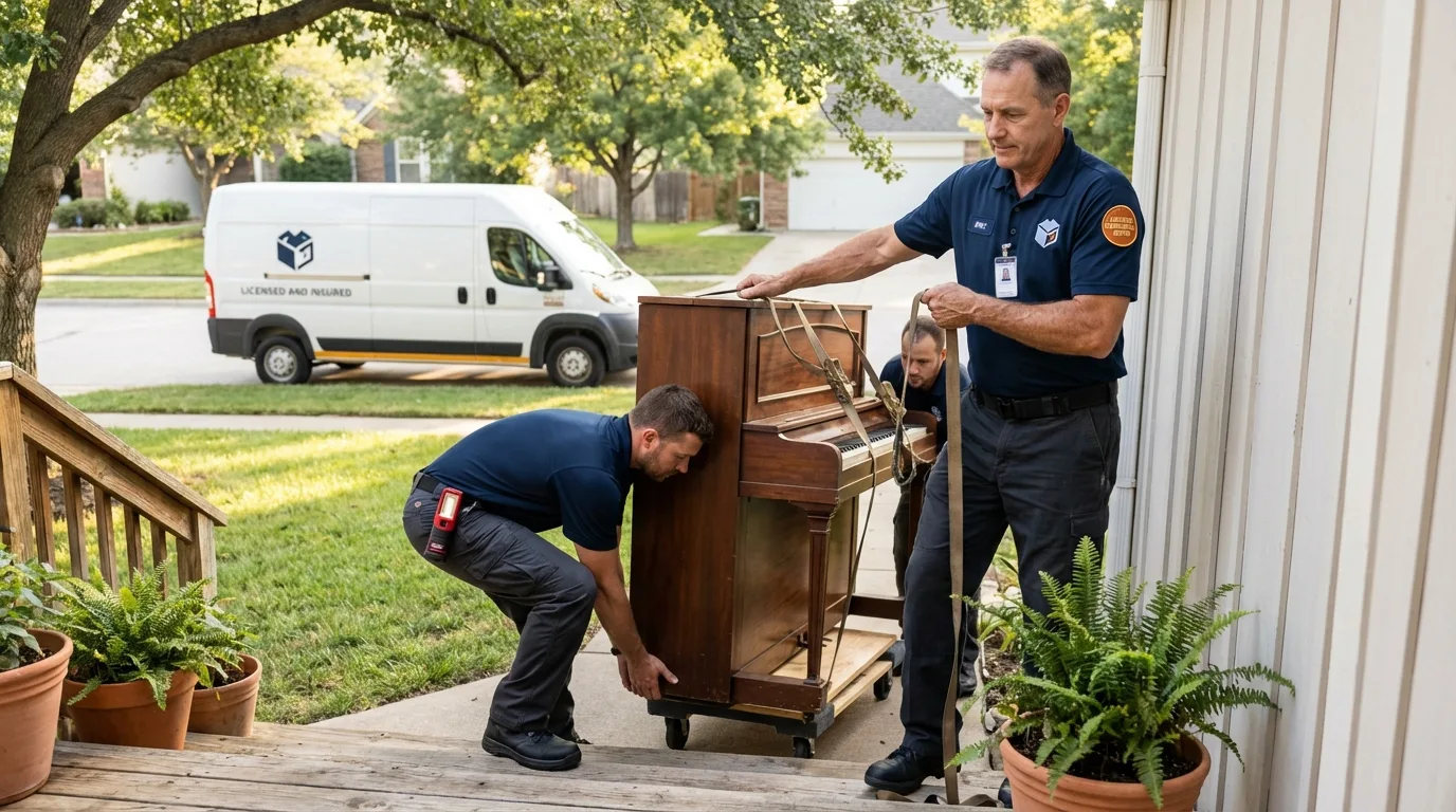Licensed piano movers securing grand piano in Ridgefield, NJ