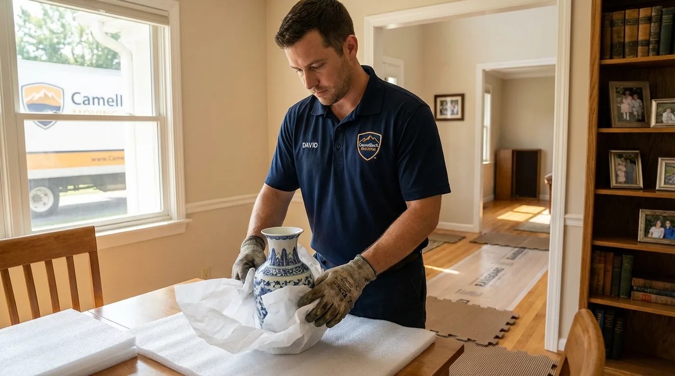 Professional crew carefully wrapping antique vase for senior downsizing move in Ridgefield, NJ